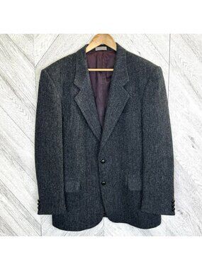 Vintage Harris Tweed Blazer Sport Coat Jacket Mens 44R Herringbone Wool Blue